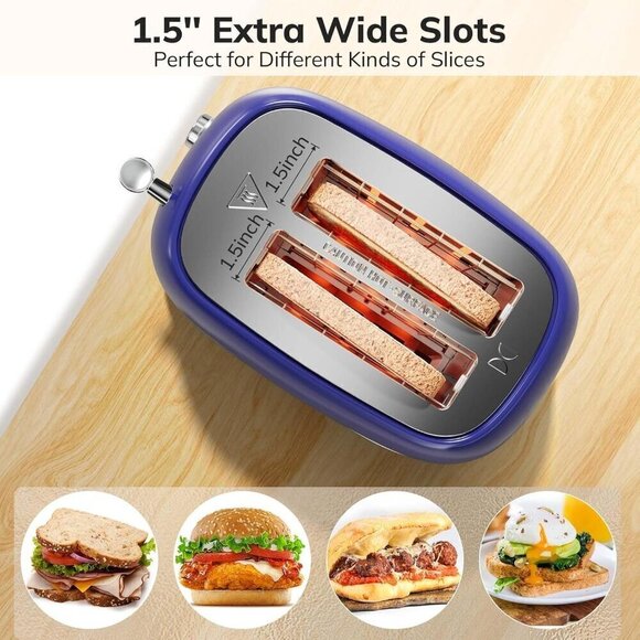 2 Slice Stainless Dark blue Steel Toaster Retro with 6 Bread Shade Settings - Picture 5 of 7